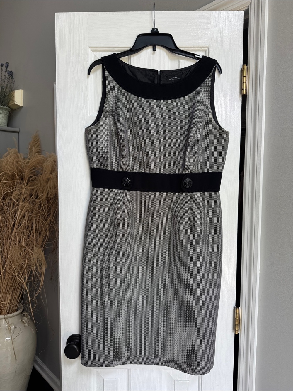 Sleeveless Black & White Midi Sheath Dress with Black Contrast Trim